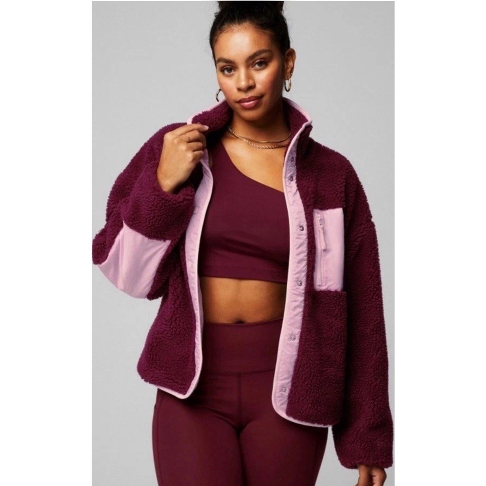 Fabletics Womens Burgundy Sherpa Fleece Snap Front Jacket Lilac Accents Large